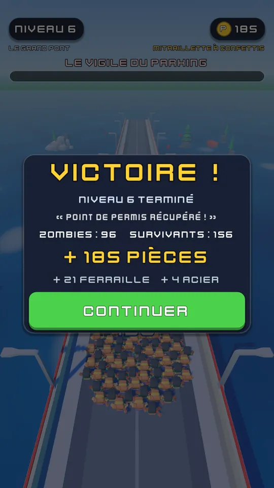 Écran de victoire du niveau 6 : 96 zombies, 156 survivants, 185 pièces gagnées.